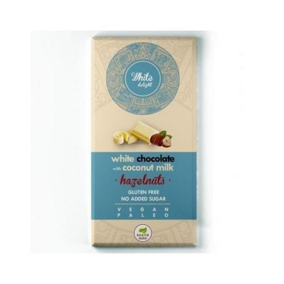 White Delight Weiße Schokolade 80g mit ganzen Haselnüssen mit Kokosmilch ohne Zuckerzusatz (vegan, paleo, glutenfrei) 